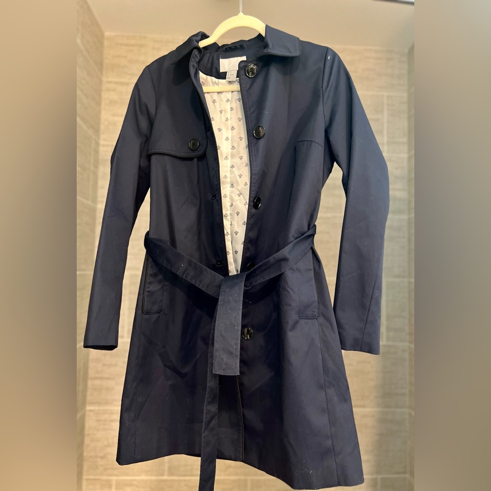 Navy Blue with black piping belted trench coat; long jacket; lined; collar